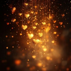 Fototapeta premium Delicate golden hearts hang suspended in the air, shimmering with a sparkling glow against a dark background. The enchanting display radiates warmth and romance, perfect for celebrations like weddings