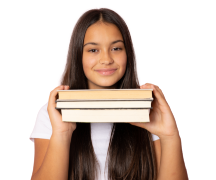 Close up portrait of beautiful girl holding books isolated over transparent background.