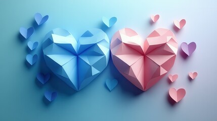 Intricately designed blue and pink paper hearts sit side by side, surrounded by smaller hearts in varying shades. The gentle color palette and 3D effect evoke a feeling of love and creativity, perfect