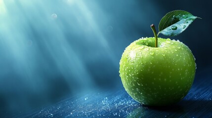 A single green apple with dew drops, sitting on a dark wooden table, with a bright light shining from behind.