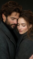 Obraz premium A couple stands closely together, wrapped in cozy winter coats as they share an intimate embrace. Their eyes are closed, expressing a deep connection and warmth, creating a serene atmosphere in the so