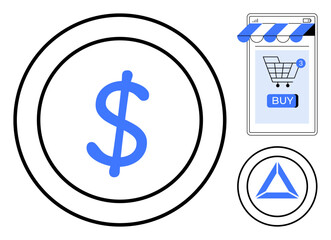 Central dollar symbol coin, mobile shopping app with cart icon and buy button, triangle logo. Ideal for fintech, cryptocurrency, e-commerce, mobile apps, online shopping. Clean minimalist style