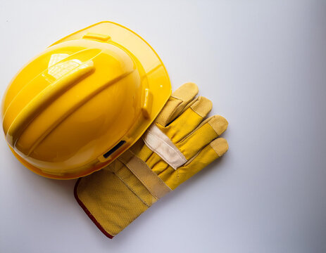 casco de construcci&oacute;n amarillo con guantes de seguridad sobre fondo blanco, para protecci&oacute;n laboral prevenci&oacute;n de riesgos en trabajos industriales, construcci&oacute;n y seguridad
