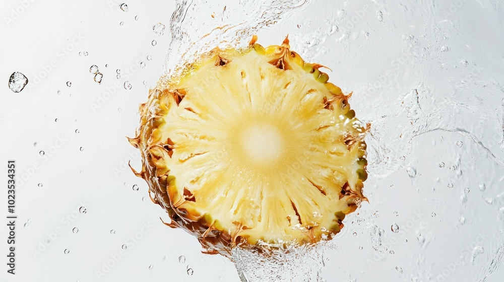 Poster pineapple slice splashing in water with bubbles