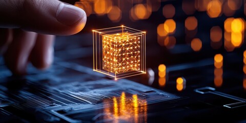 A hand reaching towards a glowing, holographic cube on a digital circuit board in a futuristic setting.