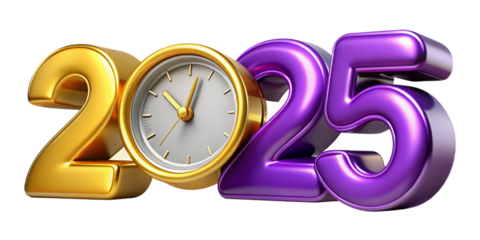 Happy new year, Colorful Neon 3D '2025' Text with Clock, High-Resolution Transparent PNG
