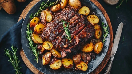 Tuscan roast beef, A rustic plate of whole, thick beef brisket with caramelized potatoes and rosemary, photographed from above in natural light, 