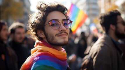 adult men in the middle of a LGBTQ demonstration holding the flag
