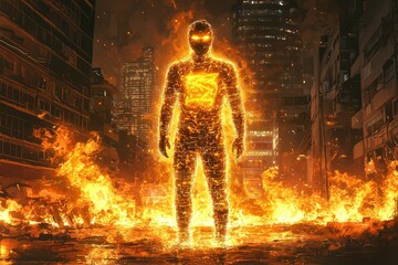 A Figure Made of Flames Stands Amidst a Burning Cityscape