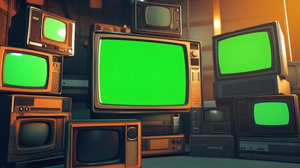 artistic 3d rendered composition stack old classic television with green screen monitors random positions in empty room dynamic composition cinematic lighting video element chroma key video element