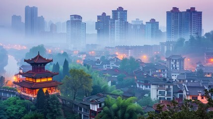 Obraz premium Tranquil morning view of a city skyline from a rooftop terrace surrounded by soft light