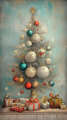 Vintage christmas tree and decorations on wooden floor.