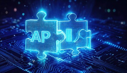 Naklejka premium API integration concept with neon puzzle pieces on digital background 