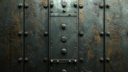 Fototapeta premium Rusty Metal Door with Rivets and Decorative Panels