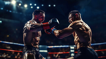 Fototapeta premium Two professional fighters boxing in fighting cage at stadium