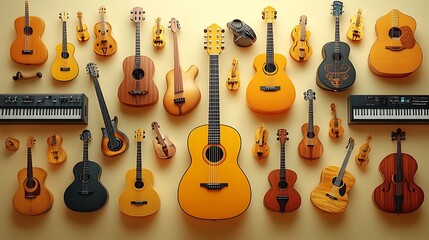Fototapeta premium A detailed illustration of a collection of modern acoustic instruments, including classical guitars, cajóns, and keyboards, arranged in a circular formation against a pastel ivory background.