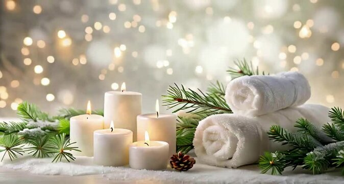 luxury spa salon background with candles, rolled towels and fir branches, festive blurred lights in the background, christmas holiday vacation	