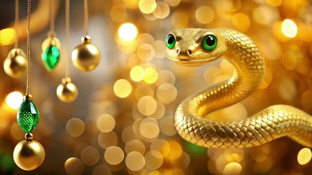 Luxury Golden Snake with green eyes on  Christmas Festive background , symbol of 2025 
