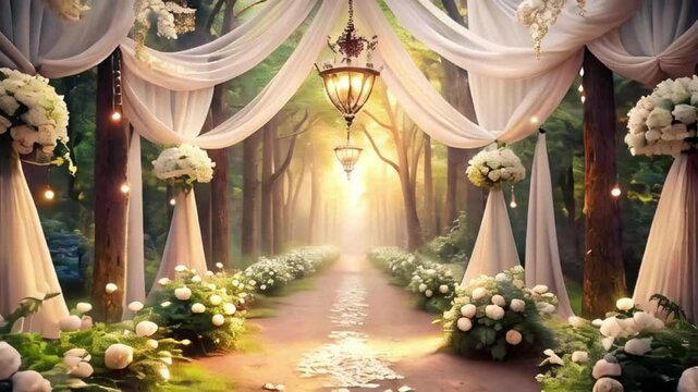 festive arch in the forest decorated with white tulle and flowers, wedding concept	