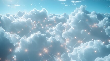 A digital concept of cloud computing, with white clouds floating in a clear blue sky, all connected by glowing network cables. The cables stretch between the clouds.