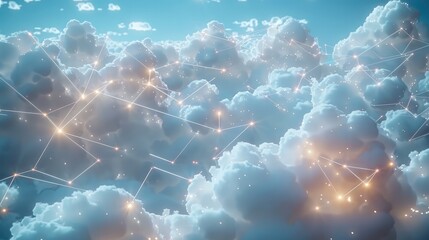 A digital concept of cloud computing, with white clouds floating in a clear blue sky, all connected by glowing network cables. The cables stretch between the clouds.