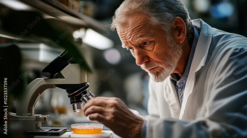Poster senior scientist examining sample under microscope
