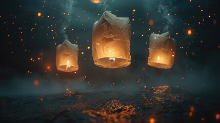 Few Sky lanterns against black background.