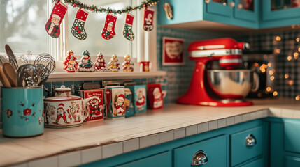 Christmas Retro-inspired kitchen adorned with Christmas decorations. The teal cabinets and red appliances create a cheerful holiday ambiance filled with nostalgic charm. Image made using Generative AI