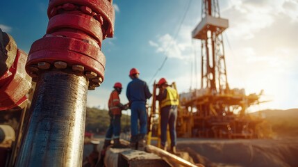 Workers review equipment at an oil drilling site as the sun sets, highlighting their activity