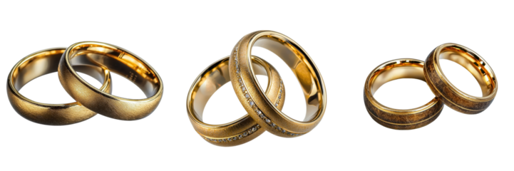 A pair of gold wedding rings classic design polished finish engraved details isolated on white and transparent background
