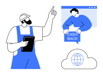 Construction worker pointing up while holding tablet, speech bubble with cashback text, and cloud with globe inside. Ideal for construction, finance, technology, online services, and business themes