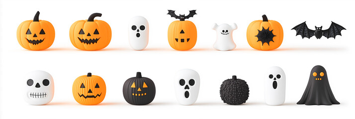 Obraz premium Funny Cute Kawaii Halloween Ghost Bat Skull Pumpkin Character Icons, Trendy 3D Cartoon. Minimal Design, Vibrant Colors, Angry Spooky Scary Faces. Modern Decoration, Creative Marketing Banner 