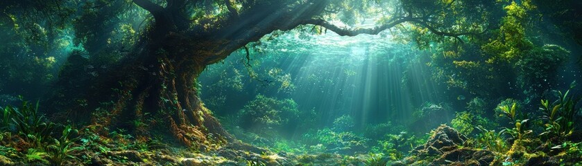 Lush forest landscape with vibrant greenery and sunlight streaming through the trees, creating a tranquil and serene atmosphere