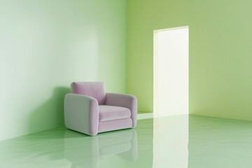 A Single Armchair in a Minimalist Green Room with a White Doorway