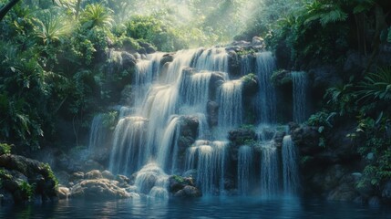 Waterfall in jungle, close-up of water cascading over rocks.