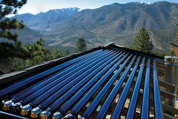 A close-up of a solar panel system on a roof with a mountainous backdrop.