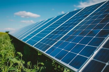 Obraz premium Close up of a solar panel array in a field with a bright blue sky.