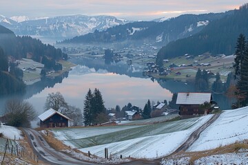 Fototapeta premium A serene winter landscape with snow-capped mountains, a glassy lake, and charming wooden houses.