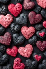Obraz premium An artistic display of various textured hearts in shades of red, black, and dark pink is arranged harmoniously on a dark background.