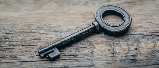 Enigmatic Antique Key on Weathered Wooden Surface - Symbol of Mystery and Intrigue