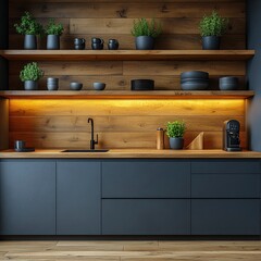 Modern Kitchen Interior with Wooden Wall and Blue Cabinets