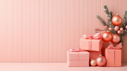 Pastel pink christmas gift boxes with fir and balls with copy space.  