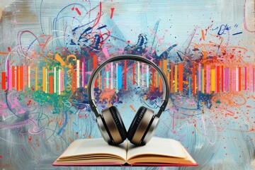 Wireless headphones are sitting on an open hardcover book, with a vibrant, artistic graffiti...