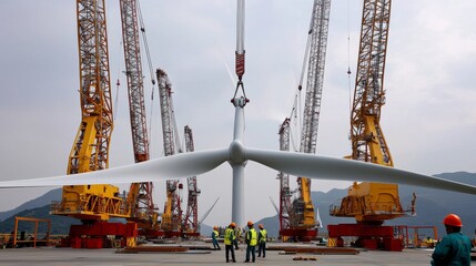 an industrial setting in China where wind turbines are assembled and tested, cranes lifting enormous blades and engineers overseeing every detail.