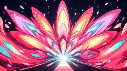 A vibrant, abstract floral design radiating light and color, evoking a sense of energy.