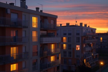 Apartment buildings with warm glowing windows silhouetted against a vibrant sunset.