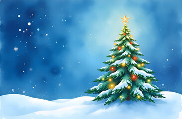 illustration of a Christmas tree on a blue background, drawn in watercolor