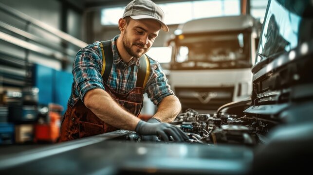A mechanic diligently works on the engine of a truck inside a bright, busy workshop