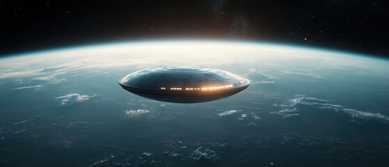 A futuristic spaceship hovering above the Earth, surrounded by stars and cosmic wonders.