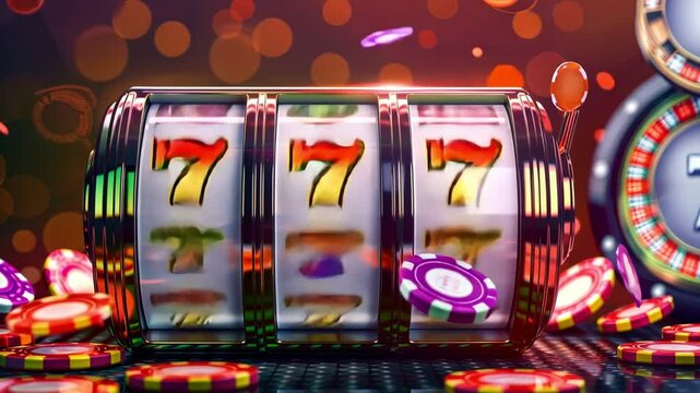 A dynamic display of spinning slot machine reels reveals a series of lucky sevens, surrounded by colorful casino chips, conveying the thrill of online betting. Concept of luck, casino, online betting